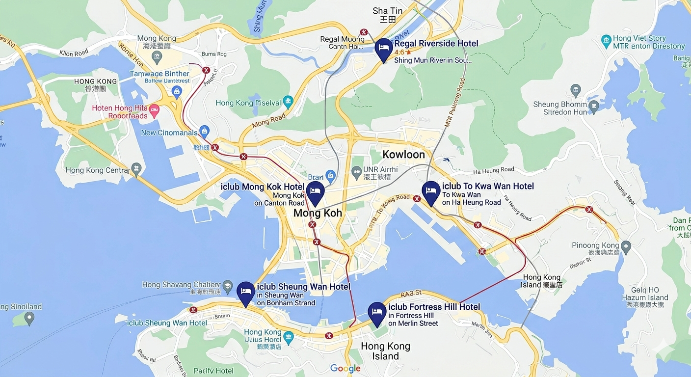 香港五家 Aspire House 相关酒店位置地图，标示 Regal Riverside、iclub Mongkok、iclub To Kwa Wan、iclub Fortress Hill 与 iclub Sheung Wan
